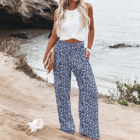 Blue and White Palazzo Pants with Floral Print - Picture 2 of 6